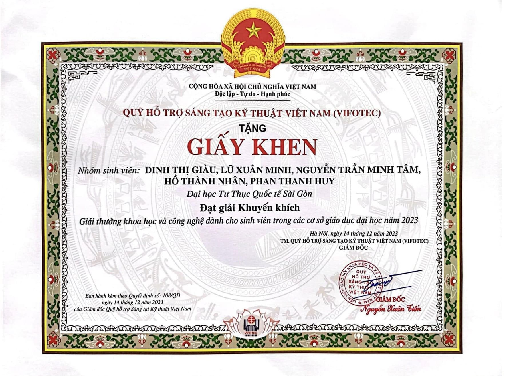 VIFOTEC certificate of merit for the 2023 student science and technology award